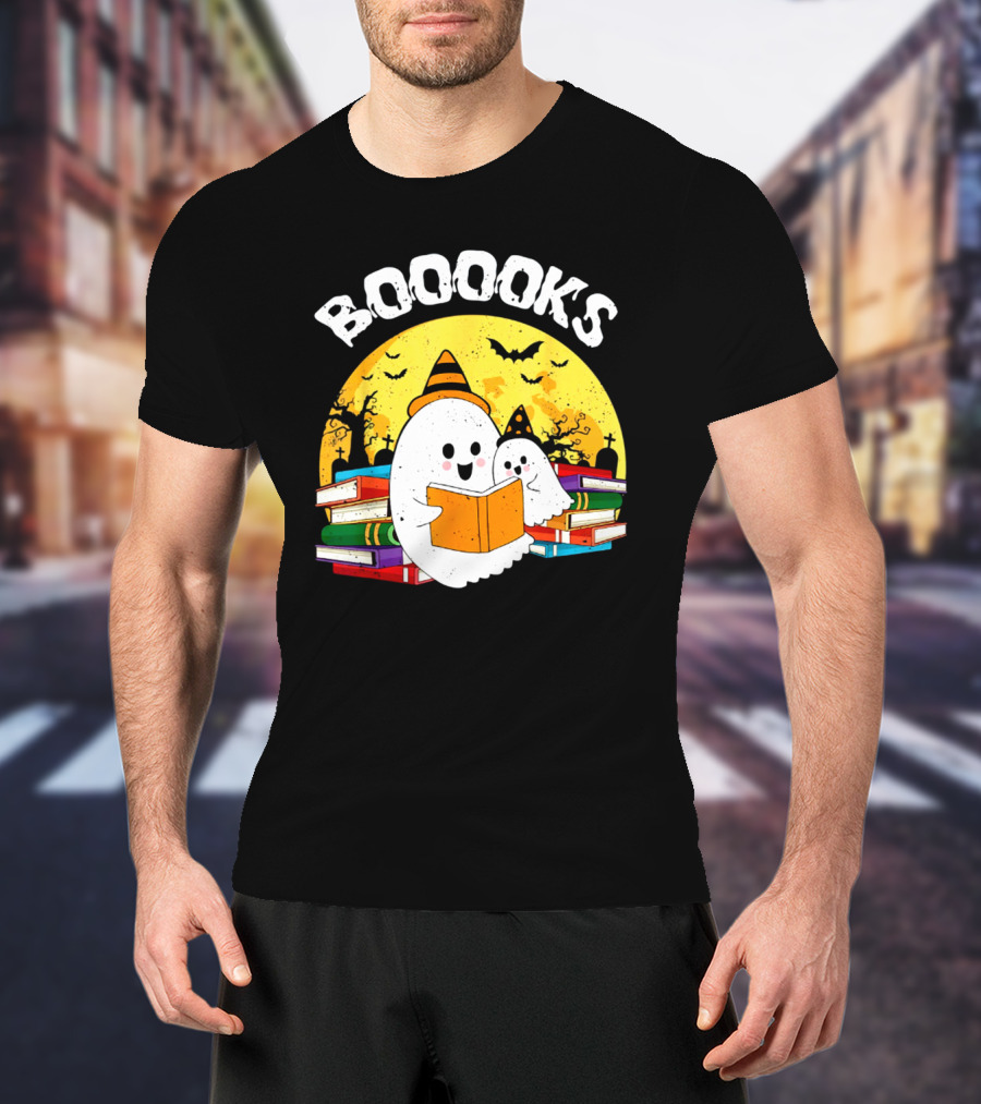 Booooks Ghost Reading Books Halloween Theme With Stacked Books And Bats T-Shirt