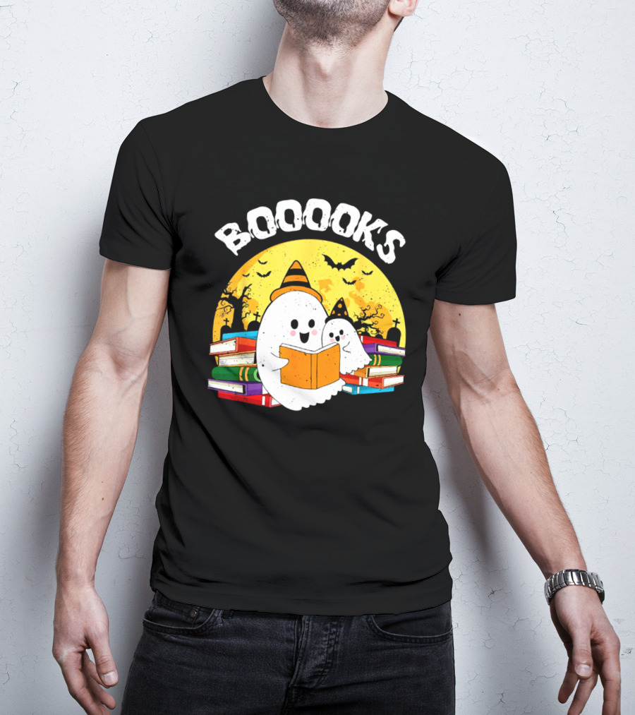 Booooks Ghost Reading Books Halloween Theme With Stacked Books And Bats T-Shirt
