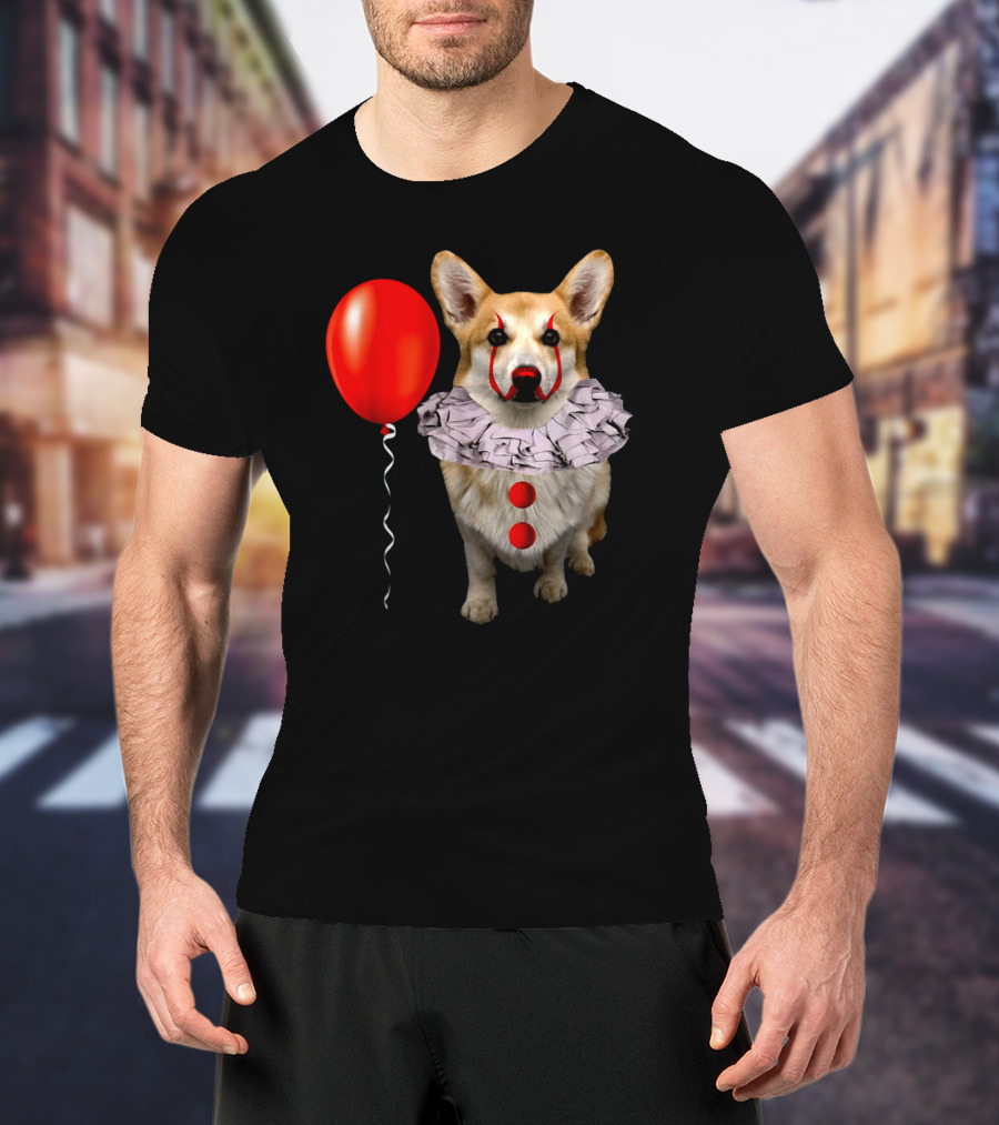 Red Balloon Corgi Scary Clown Funny Costume T-Shirt