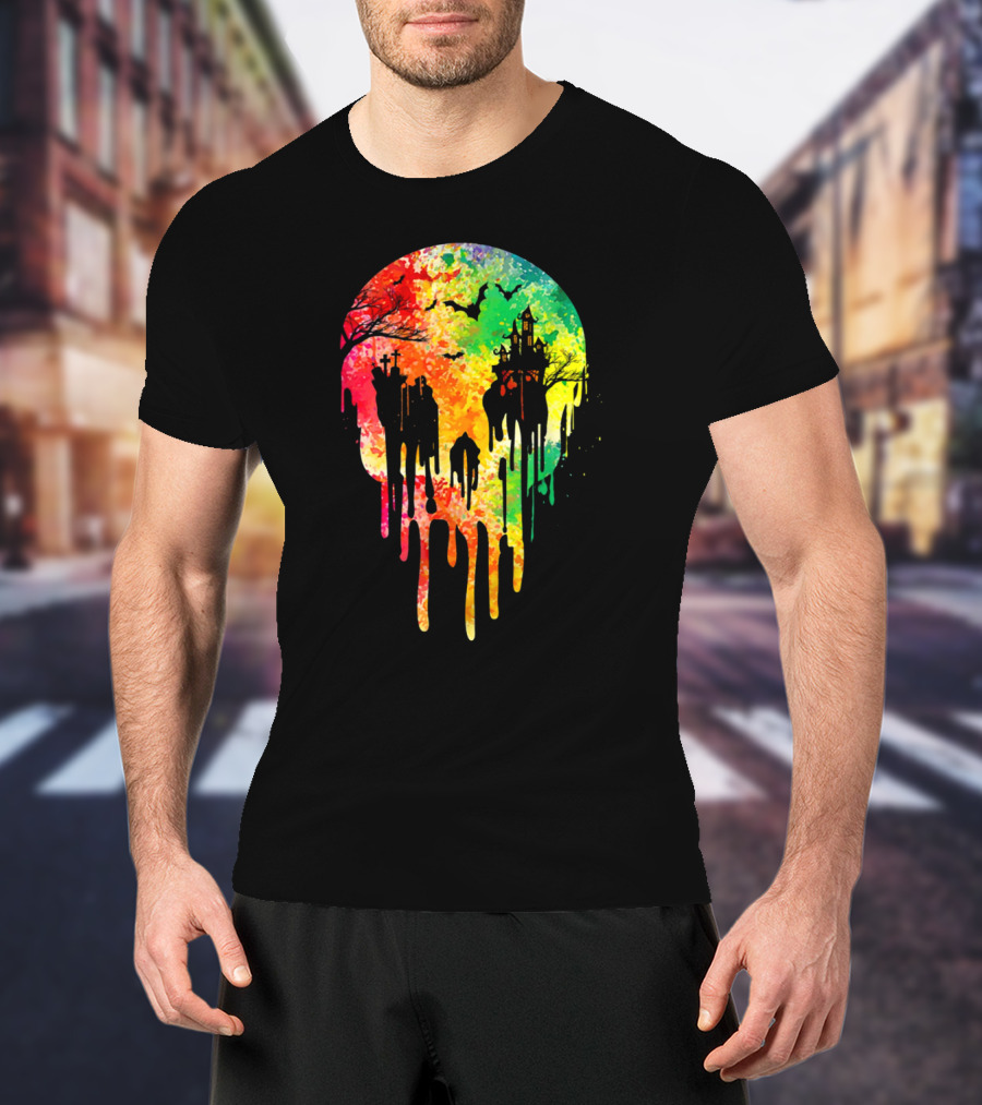 Melting Skull Colorful Night With Haunted Trees And Bats T-Shirt