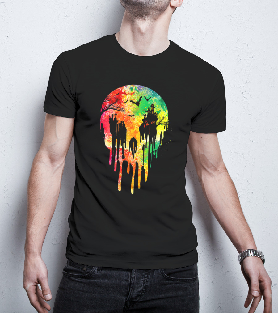 Melting Skull Colorful Night With Haunted Trees And Bats T-Shirt