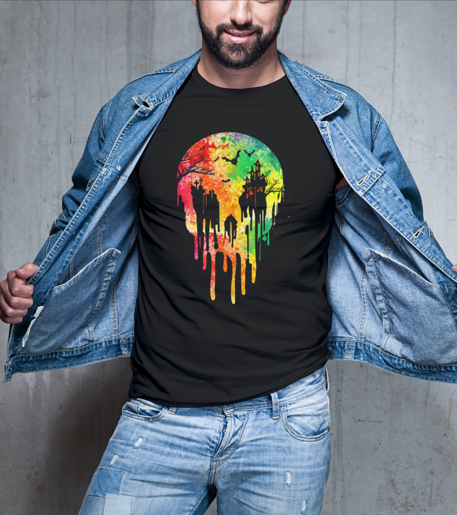 Melting Skull Colorful Night With Haunted Trees And Bats T-Shirt