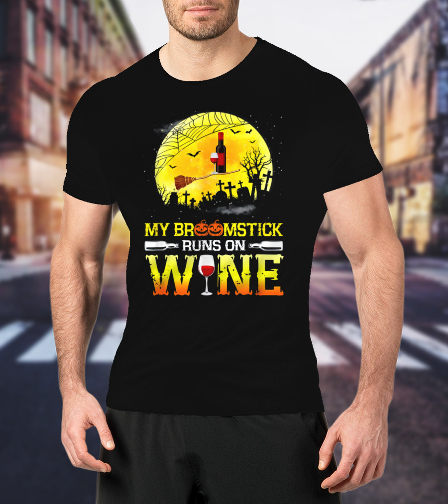 My Broomstick Runs On Wine Halloween Moon Pumpkins Graveyard Scene T-Shirt