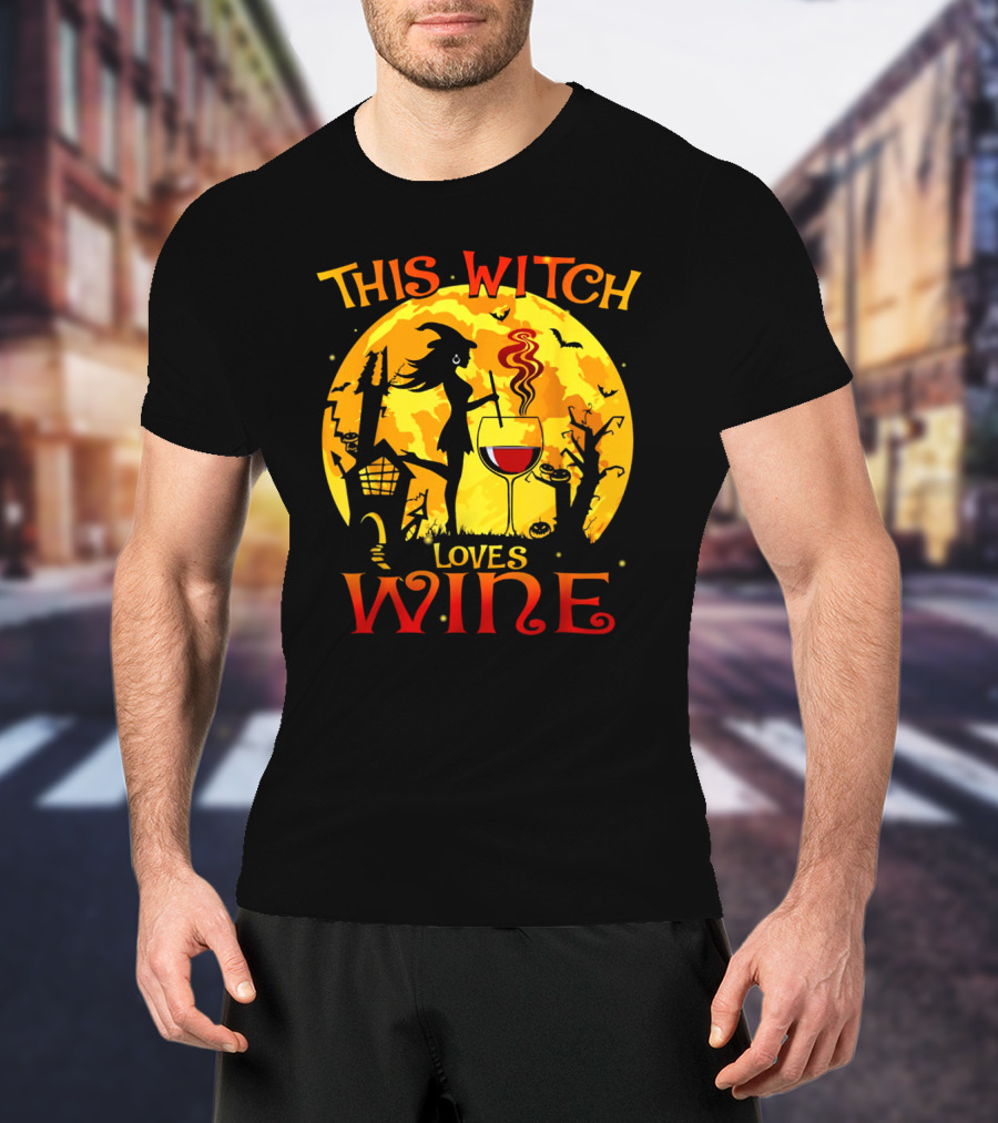 Witch Silhouette Enjoying Wine In Halloween Scene With Full Moon And Bats T-Shirt