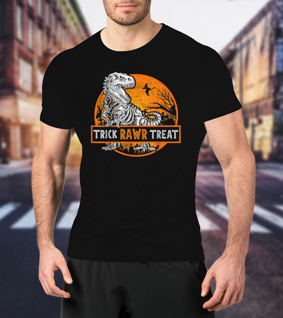 Trick Rawr Treat Halloween Skeleton T-Rex With Spooky Orange Background T-Shirt