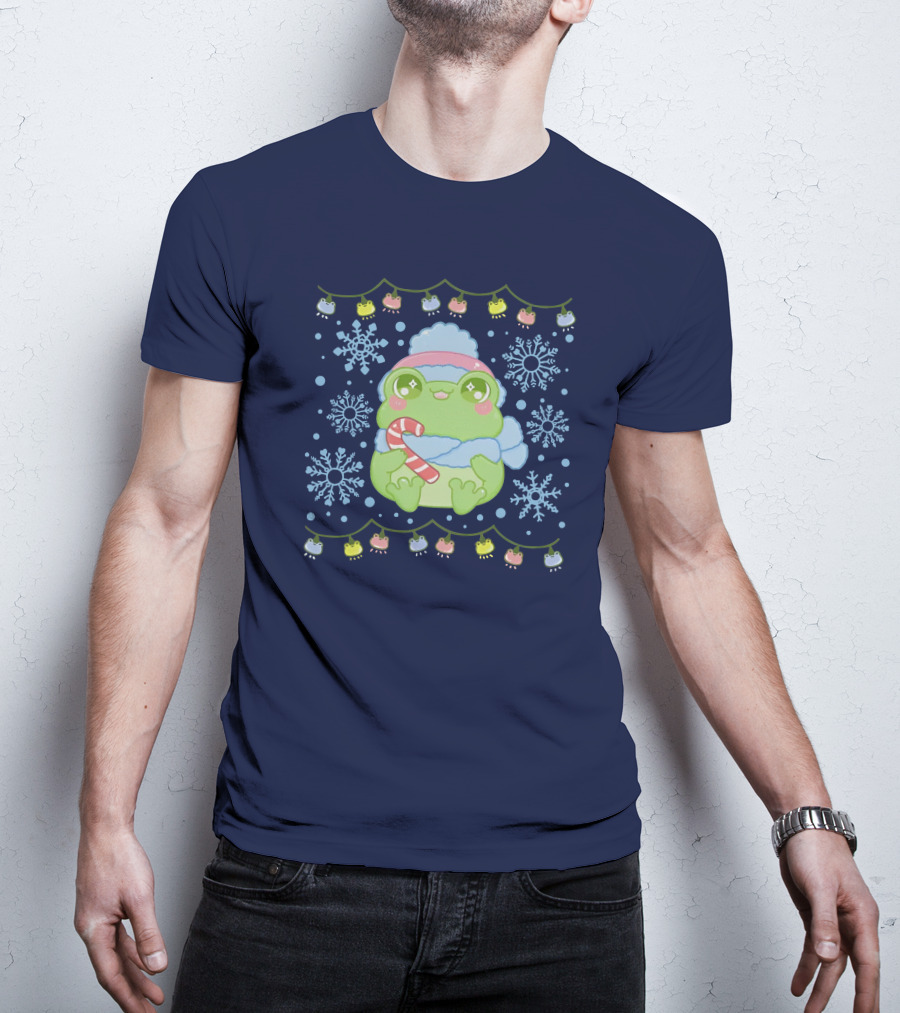 Merry Frogmas Cute Winter Frog With Candy Cane And Snowflakes T-Shirt