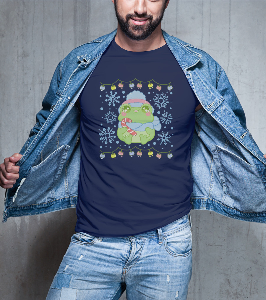 Merry Frogmas Cute Winter Frog With Candy Cane And Snowflakes T-Shirt