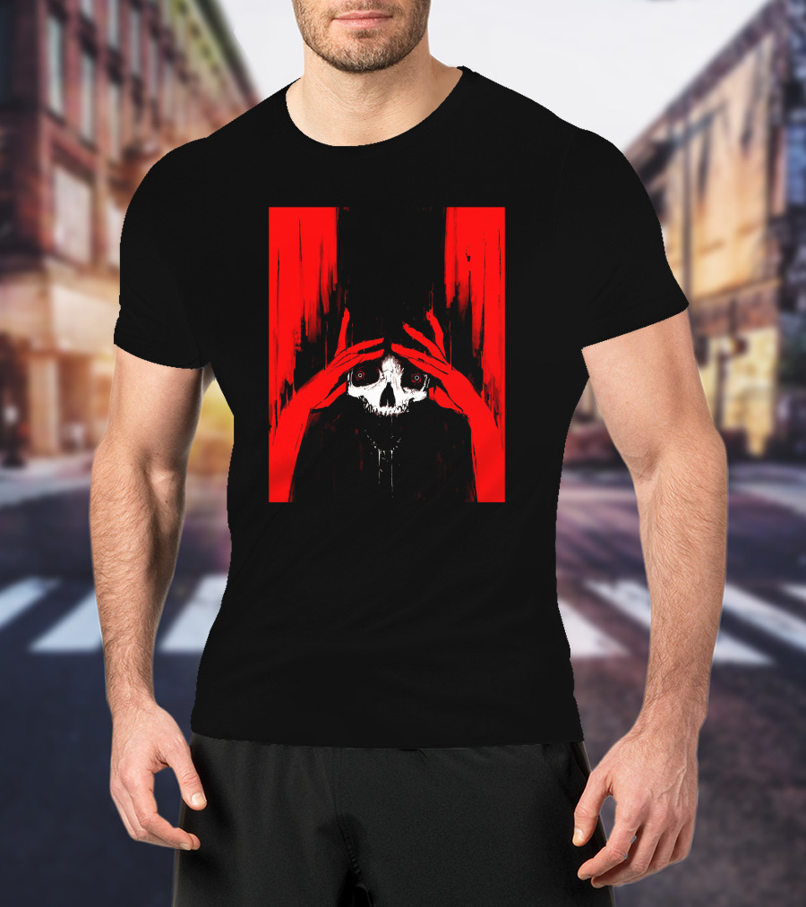 Pitch Canker Overwhelmed Skull In Red And Black T-Shirt