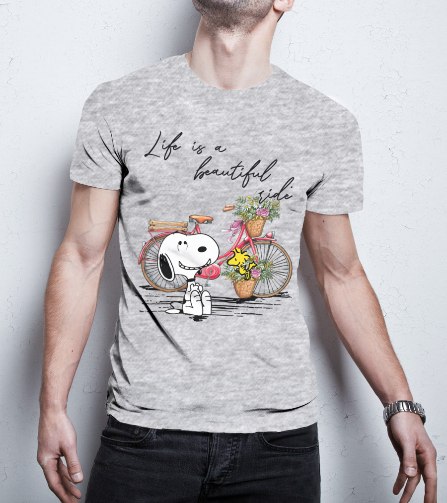 Life Is A Beautiful Ride With Snoopy And Woodstock On Floral Bicycle T-Shirt