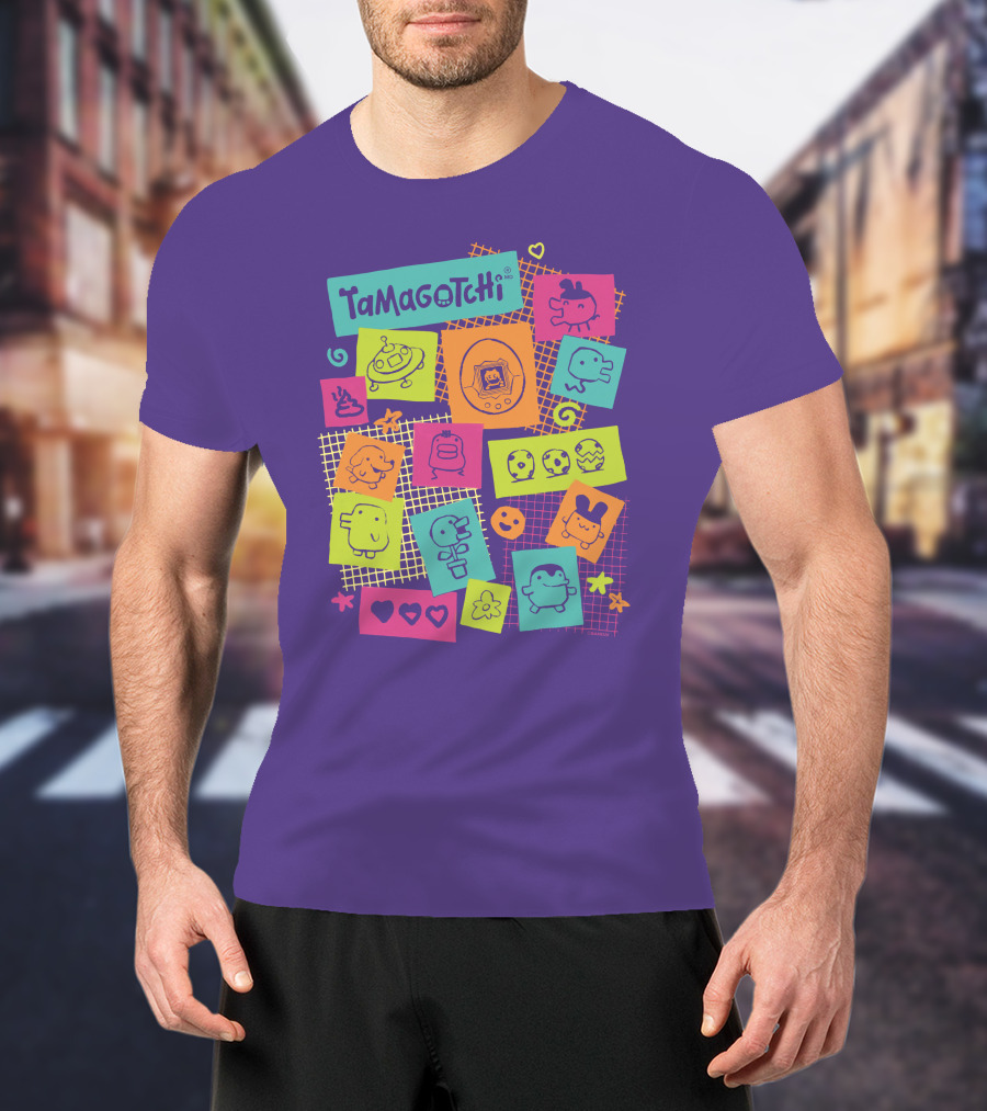 Tamagotchi Neon Character Collage With Hearts And Stars T-Shirt