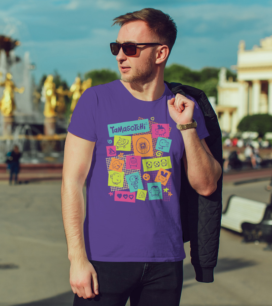 Tamagotchi Neon Character Collage With Hearts And Stars T-Shirt