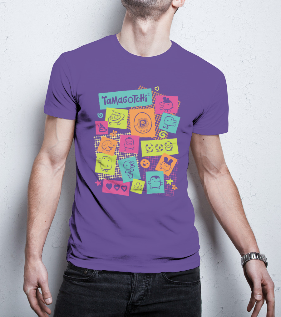 Tamagotchi Neon Character Collage With Hearts And Stars T-Shirt