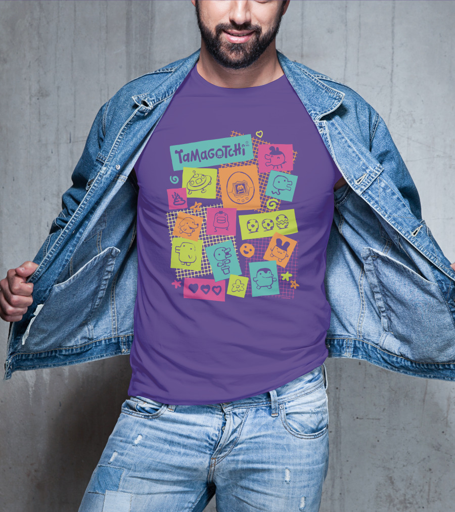 Tamagotchi Neon Character Collage With Hearts And Stars T-Shirt