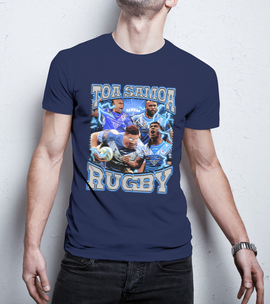 Toa Samoa Rugby Blue Jersey Action Lightning Background T-Shirt
