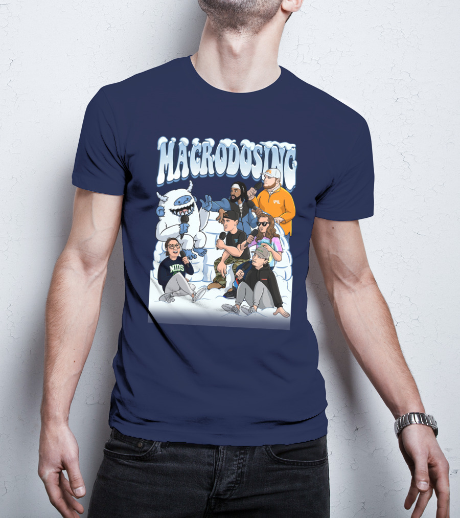 Macrodosing Yeti Podcast Group In Ice Fortress Scene With Microphones And Laughter T-Shirt