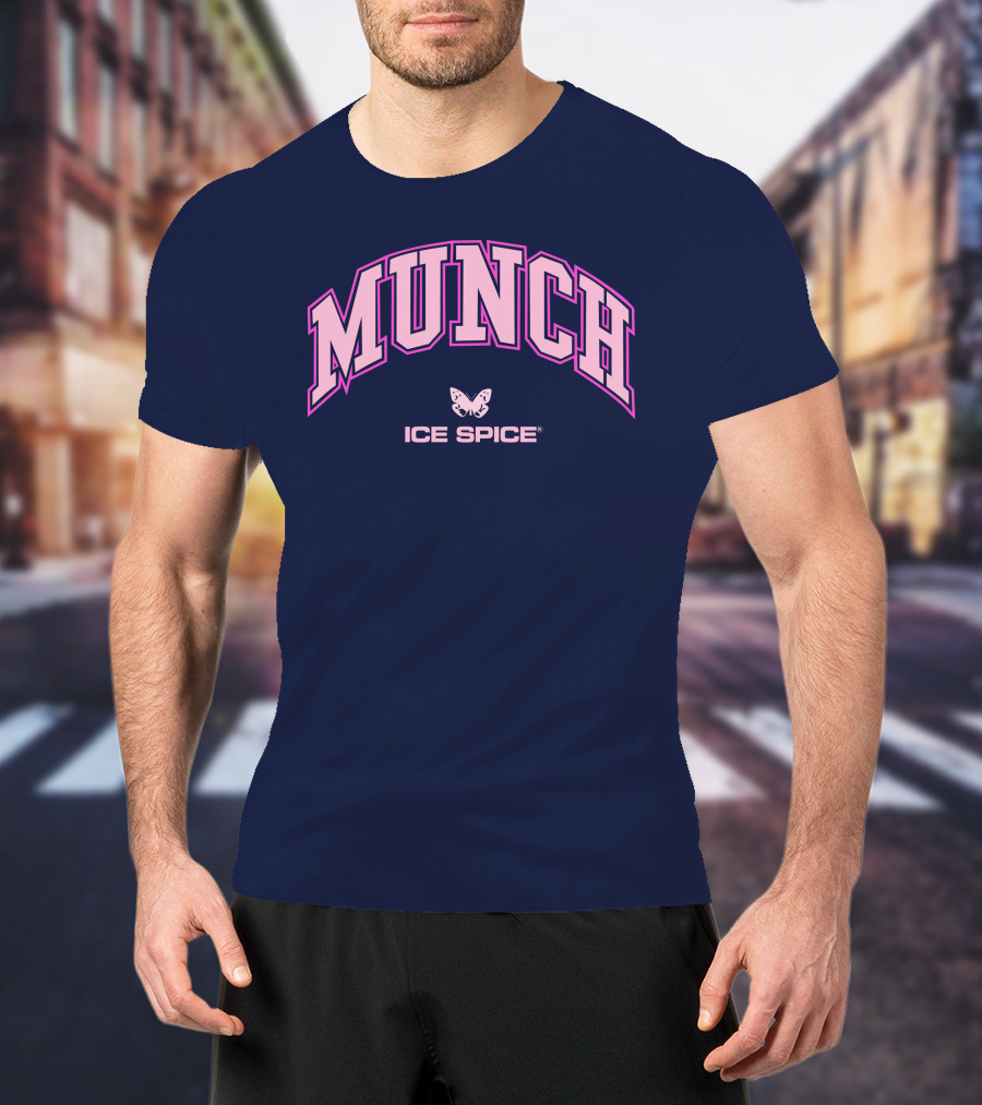 Munch Butterfly Ice Spice Pink Lettering Dark Blue Background T-Shirt