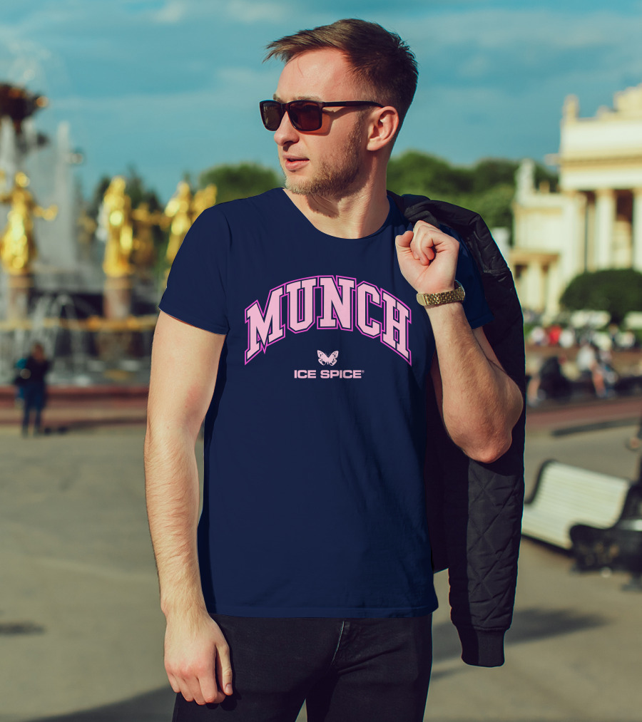 Munch Butterfly Ice Spice Pink Lettering Dark Blue Background T-Shirt