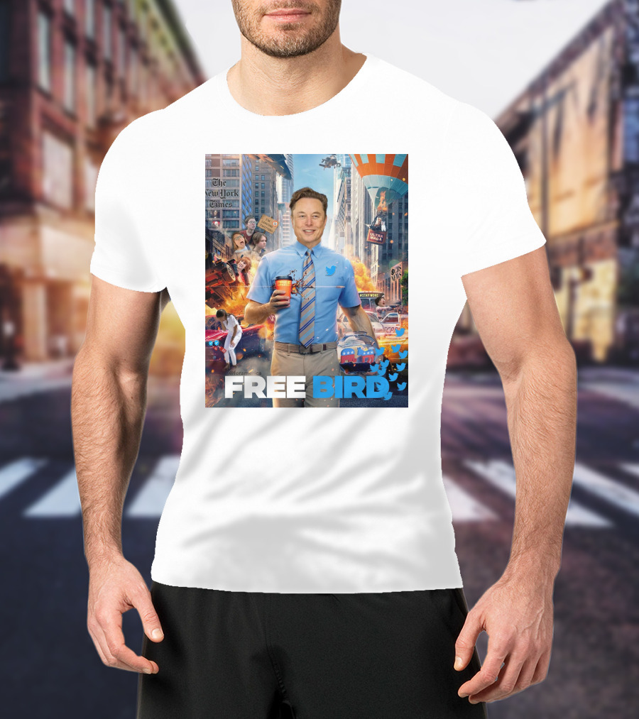 Elon Musk Free Bird I'm Leaving Twitter Chaos Explosion Cityscape Car Plane Twitter T-Shirt