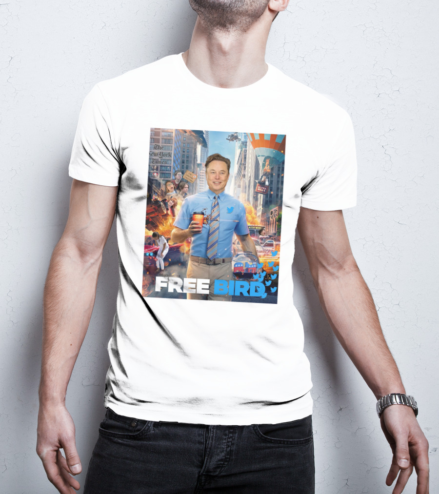 Elon Musk Free Bird I'm Leaving Twitter Chaos Explosion Cityscape Car Plane Twitter T-Shirt