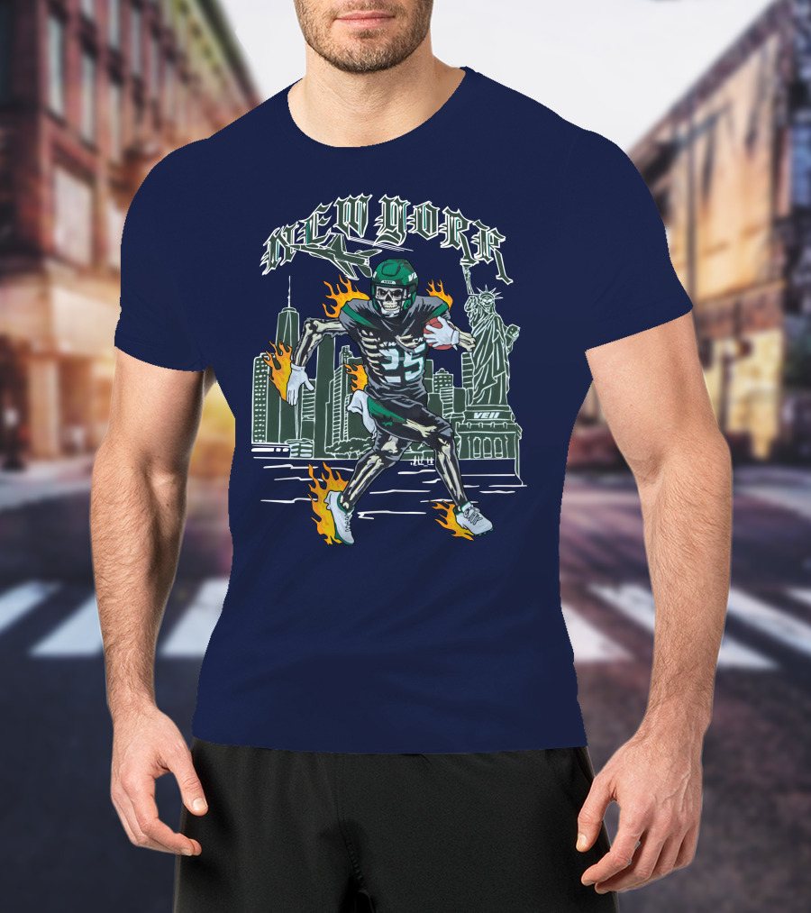 New York Ty Johnson Football Skyline Skeleton Art Flames Statue Of Liberty T-Shirt