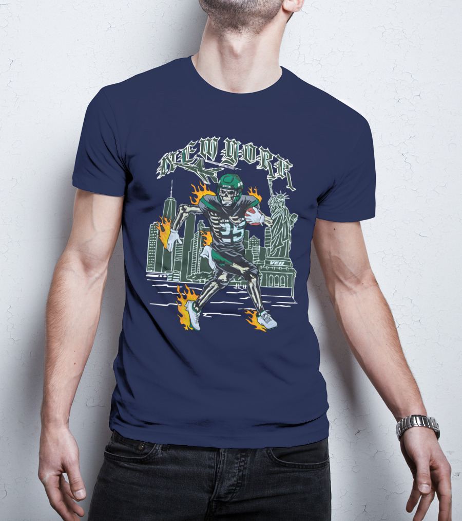 New York Ty Johnson Football Skyline Skeleton Art Flames Statue Of Liberty T-Shirt