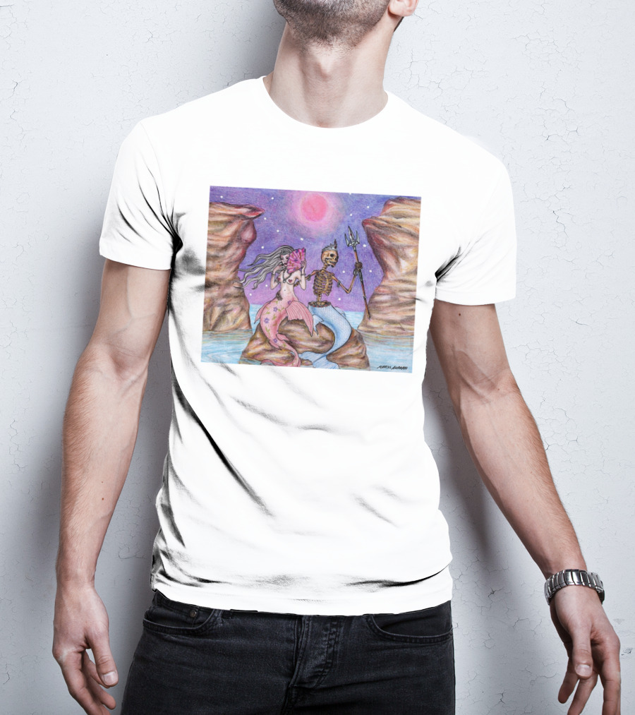 Marcos Alvarado Sea Of Love Mermaid And Skeleton Under Pink Moon T-Shirt