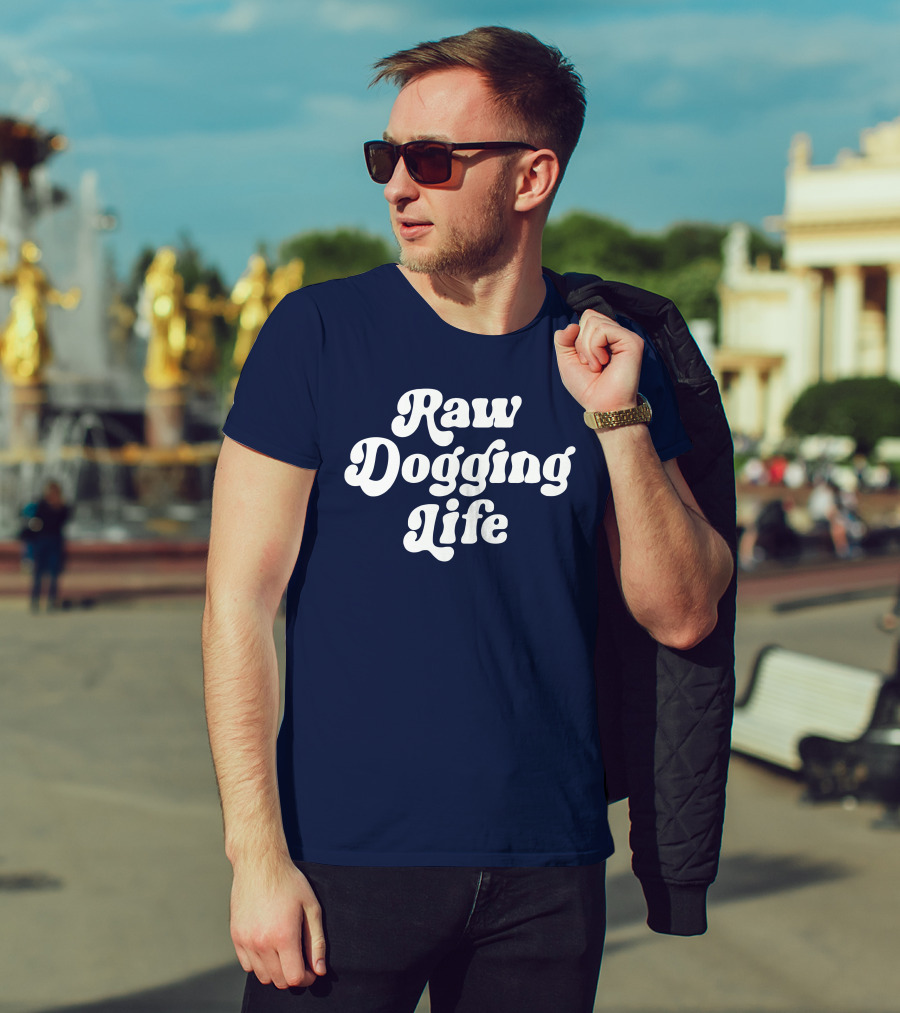 Raw Dogging Life White Retro Font Navy T-Shirt