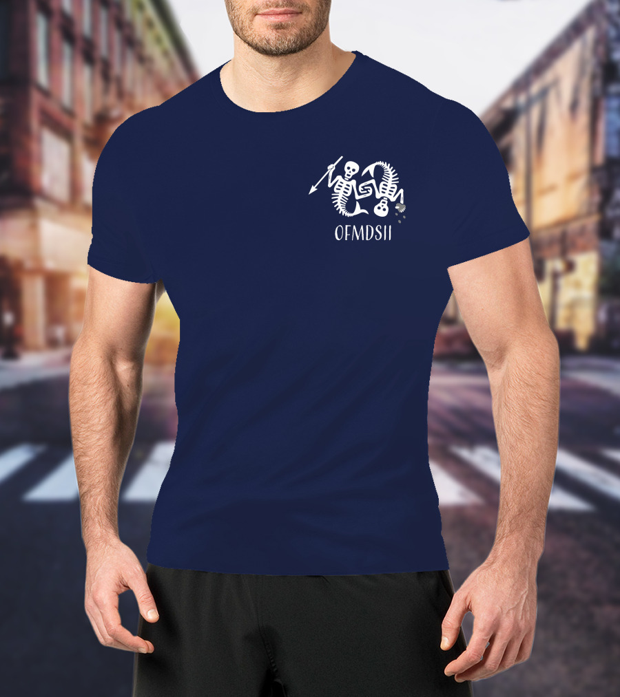 Samba Schutte Wearing OFMDSII Skeleton Arrow Design Navy T-Shirt