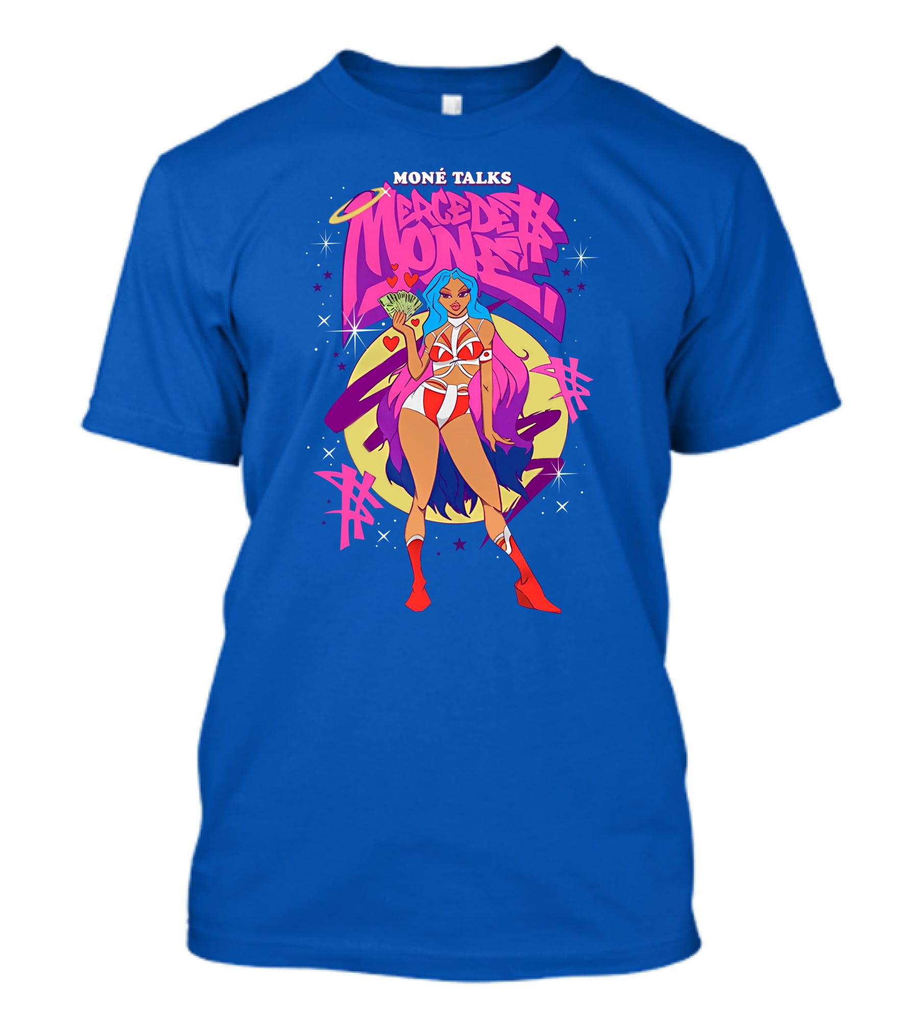 Moné Talks Vibrant Mercedes Moné Character With Angelic Halo And Cash Fan T-Shirt
