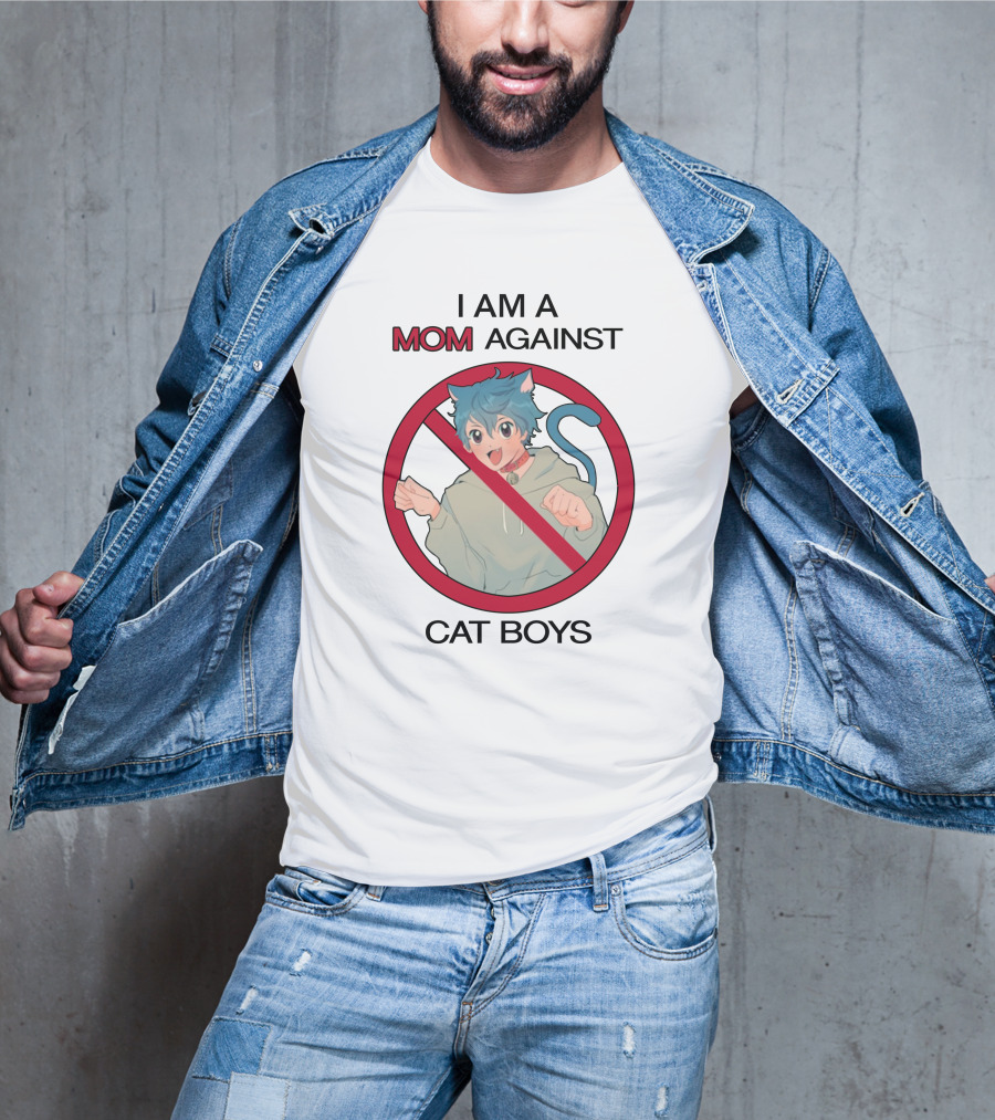 I Am A Mom Against Cat Boys Prohibition Symbol Cartoon Character With Blue Hair And Cat Ears T-Shirt