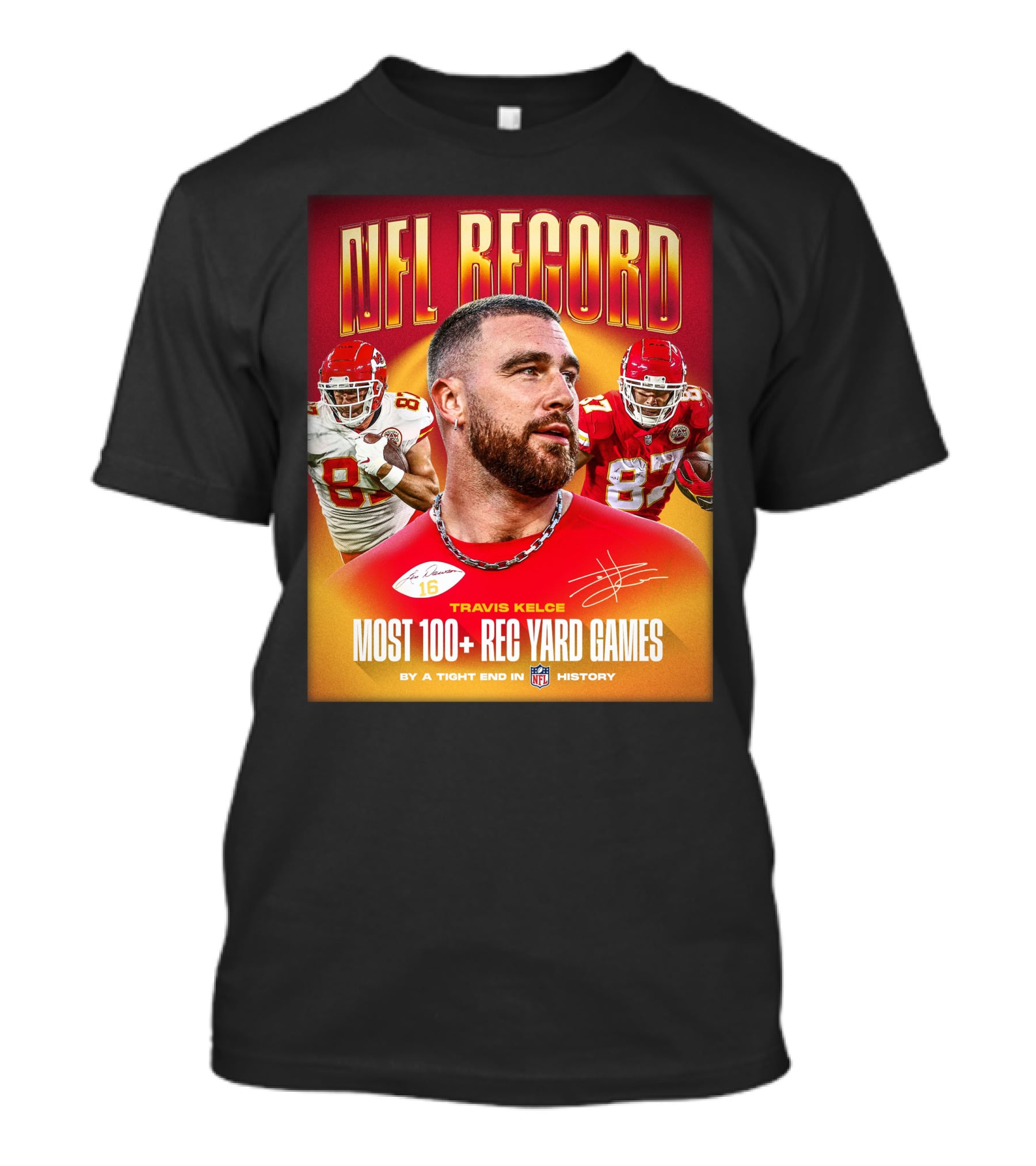 NFL Record Travis Kelce Most 100+ Rec Yard Games Chiefs 87 16 History T-Shirt
