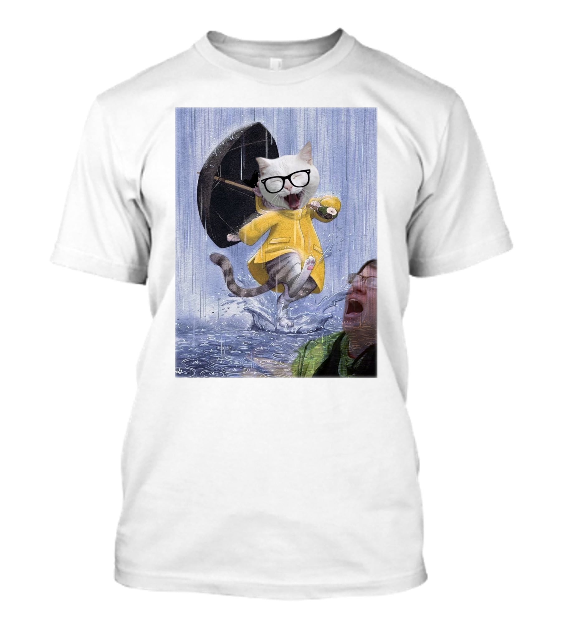 Catturd In Yellow Raincoat With Glasses Holding Umbrella In The Rain T-Shirt