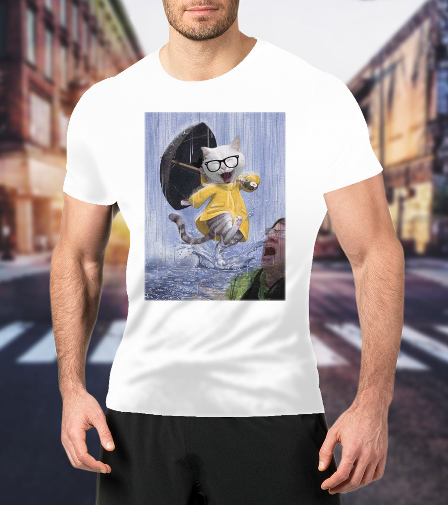 Catturd In Yellow Raincoat With Glasses Holding Umbrella In The Rain T-Shirt