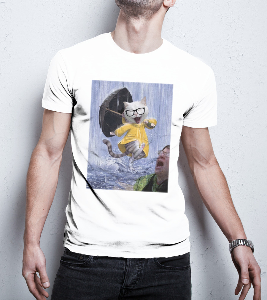 Catturd In Yellow Raincoat With Glasses Holding Umbrella In The Rain T-Shirt