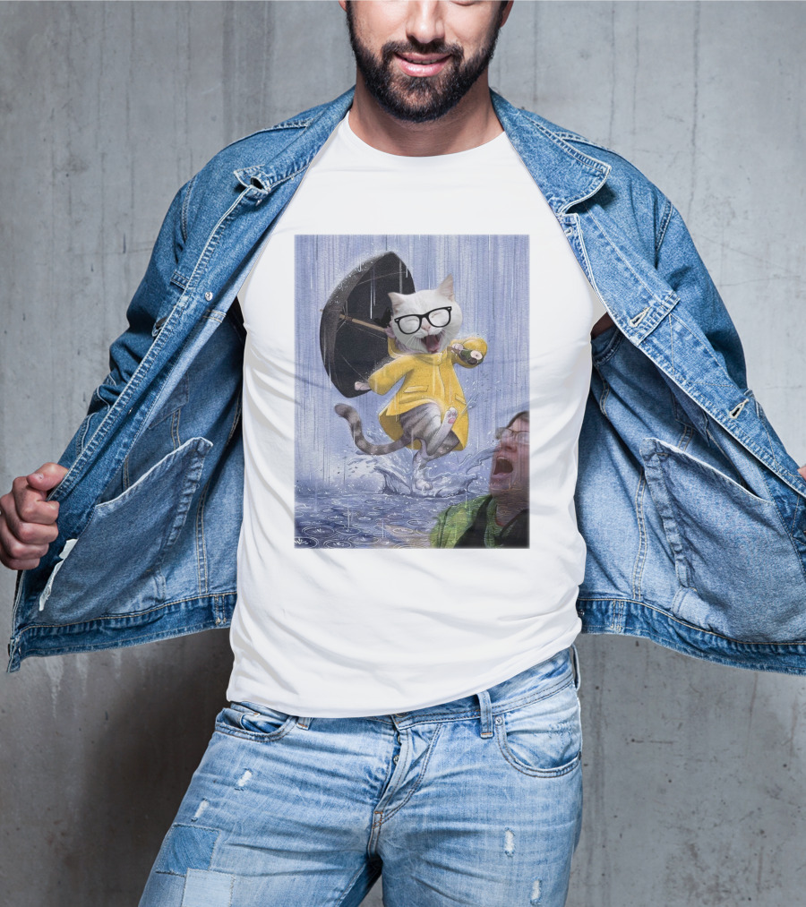 Catturd In Yellow Raincoat With Glasses Holding Umbrella In The Rain T-Shirt