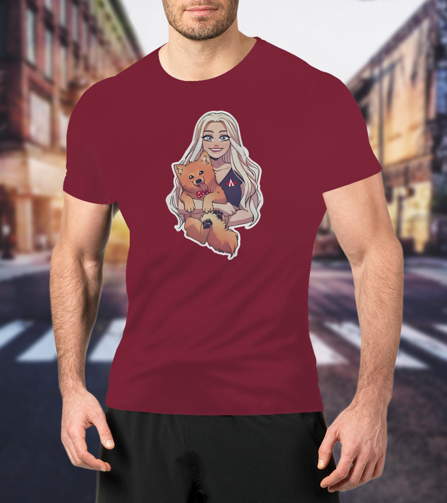 Autumnrhodess Cartoon Character Holding Dog With Red Bowtie On Burgundy Background T-Shirt