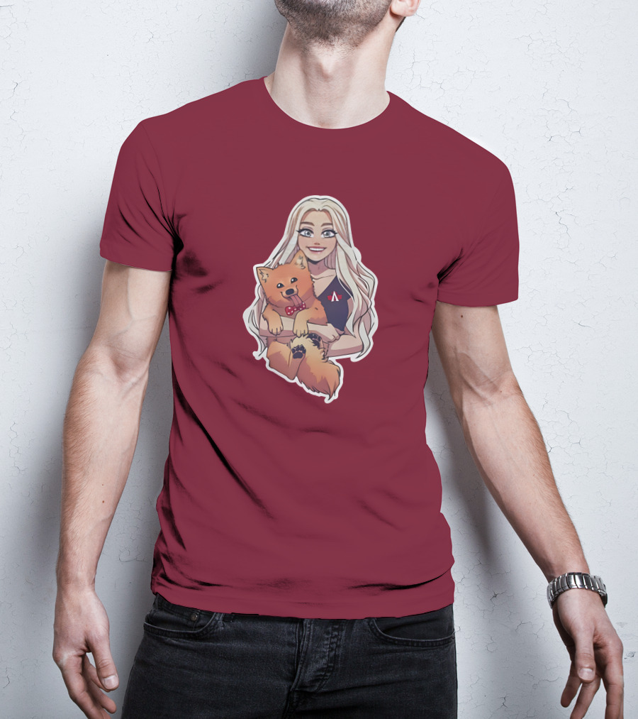 Autumnrhodess Cartoon Character Holding Dog With Red Bowtie On Burgundy Background T-Shirt