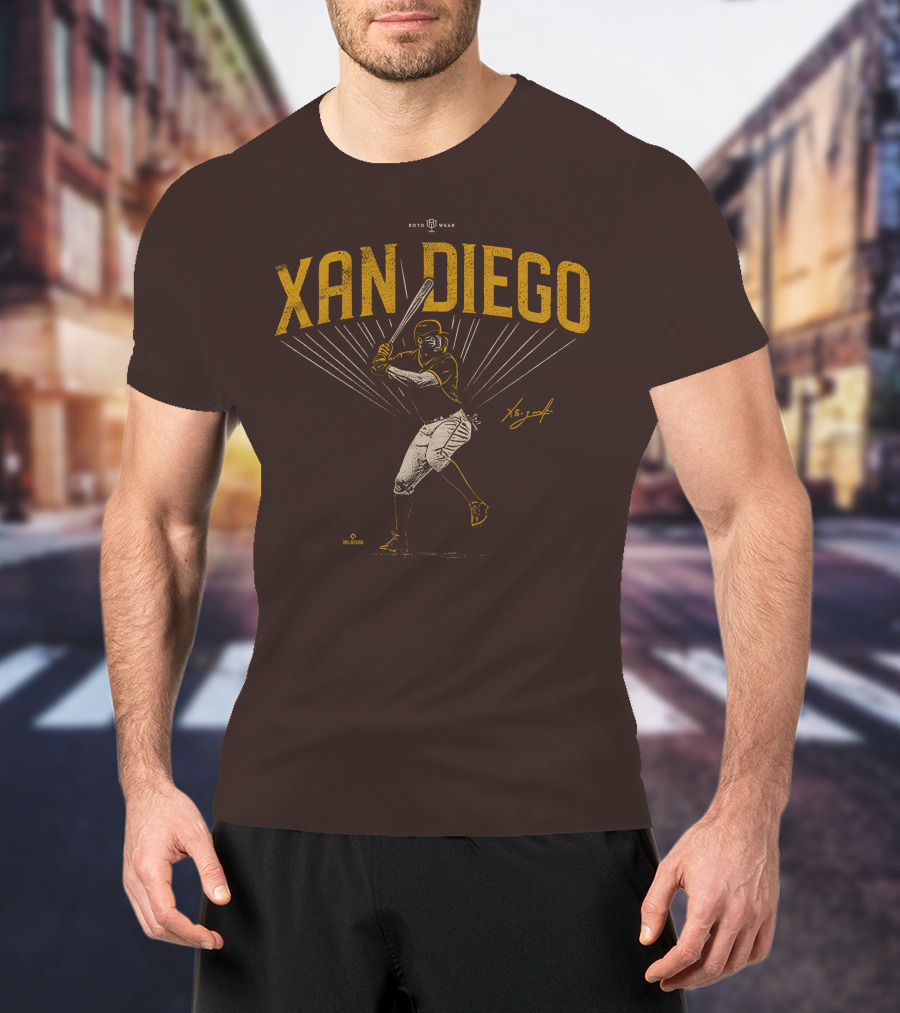 Roto Wear Xan Diego Baseball Player Swinging With Signature T-Shirt