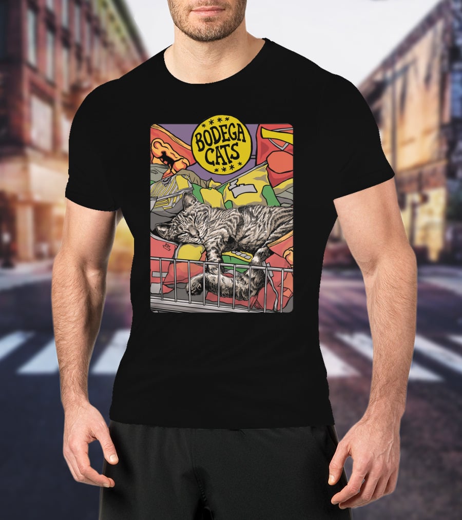 Bodega Cats Sleeping Among Snacks And Bags In Bright Colors T-Shirt