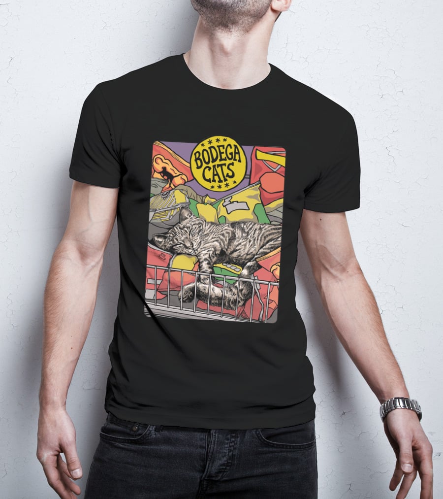 Bodega Cats Sleeping Among Snacks And Bags In Bright Colors T-Shirt