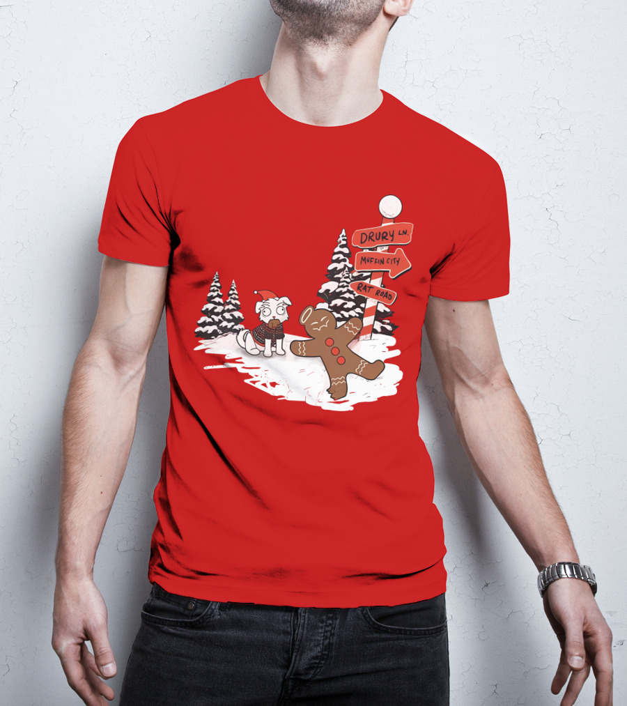 Badboyhalo Holiday Drury Lane Muffin City Rat Road Christmas Dog And Gingerbread Scene T-Shirt