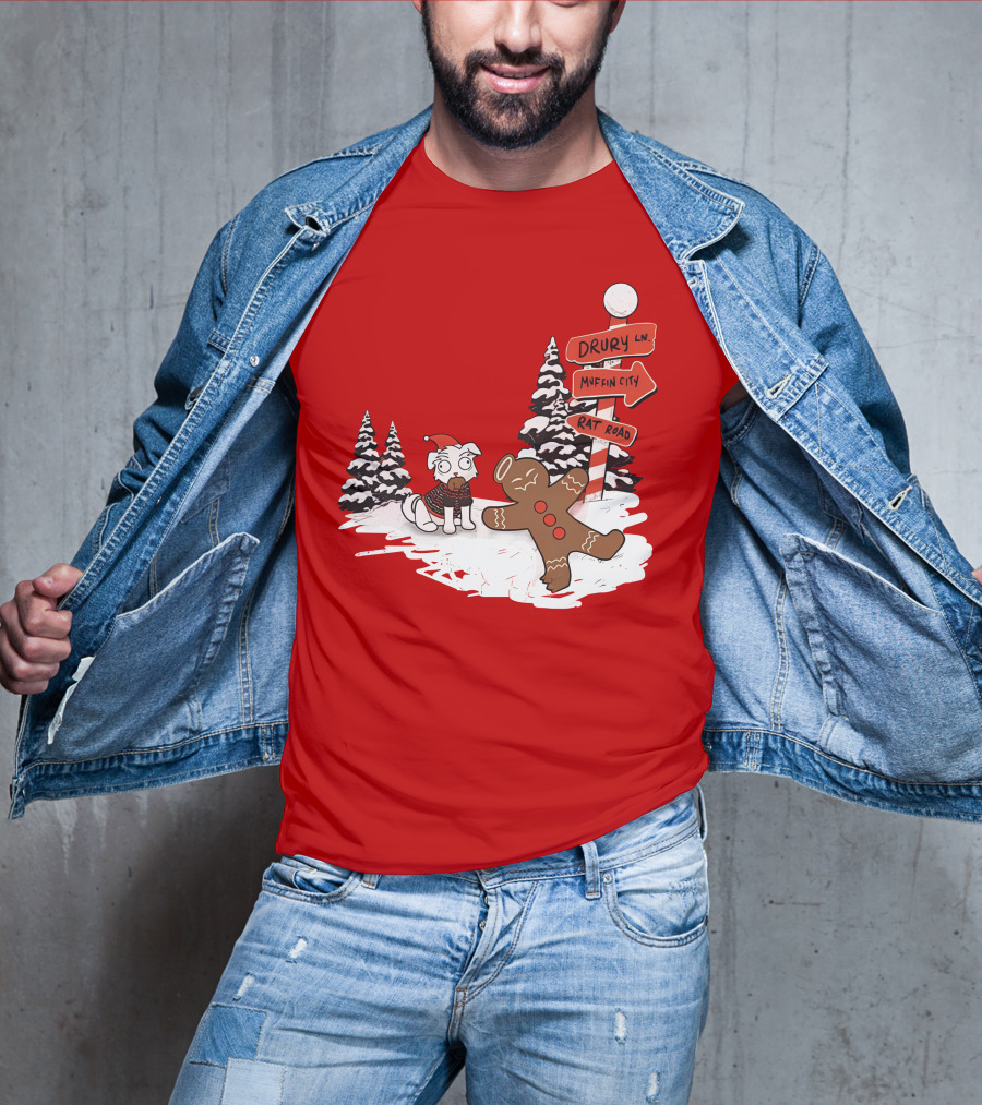 Badboyhalo Holiday Drury Lane Muffin City Rat Road Christmas Dog And Gingerbread Scene T-Shirt