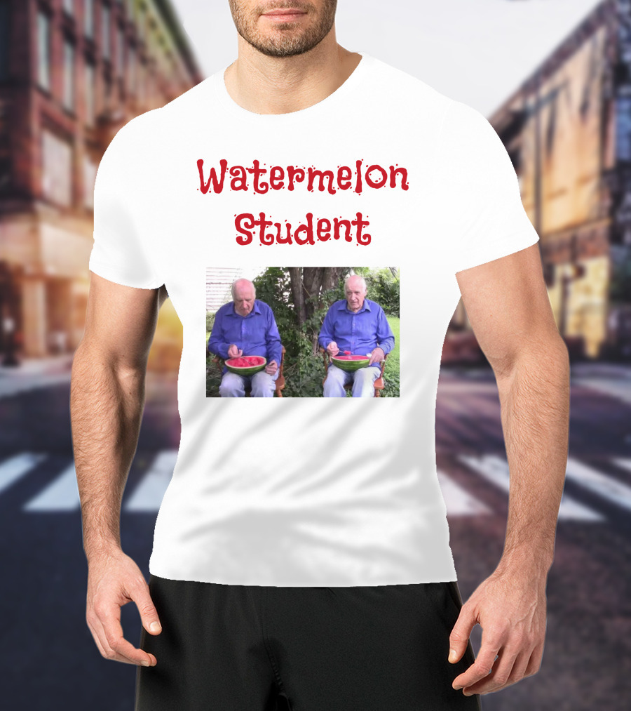 Watermelon Student Eating In Garden With Blue T-Shirt