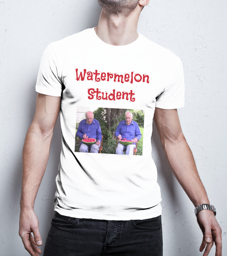 Watermelon Student Eating In Garden With Blue T-Shirt
