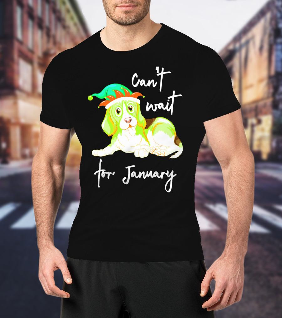 Can't Wait For January Festive Dog With Green And Red Hat T-Shirt