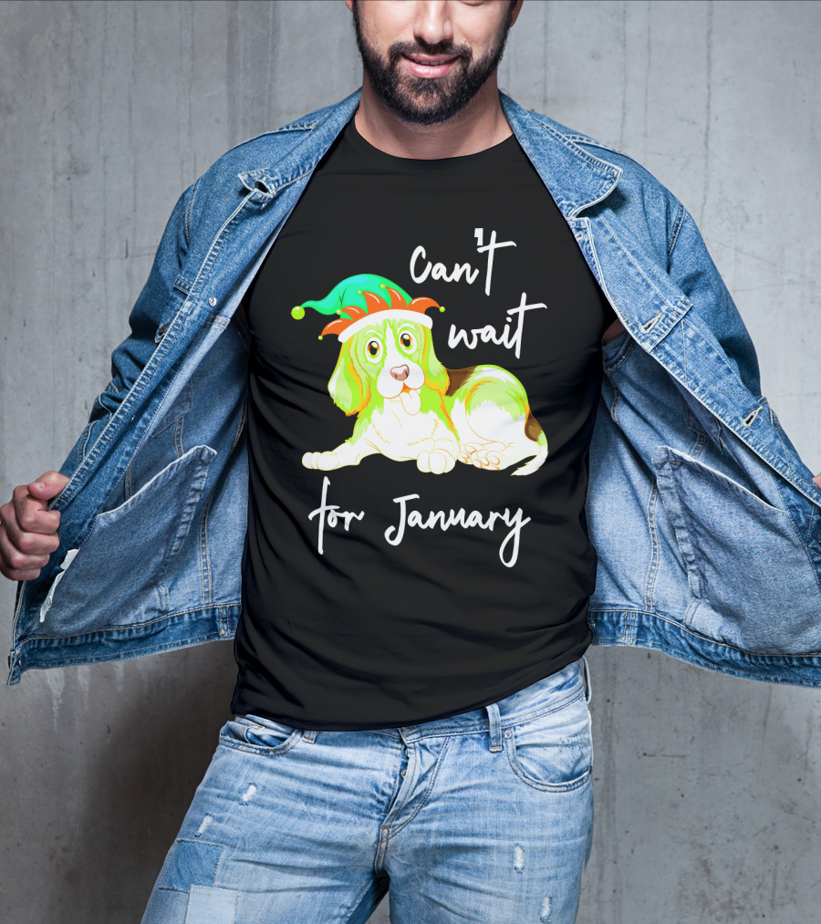 Can't Wait For January Festive Dog With Green And Red Hat T-Shirt