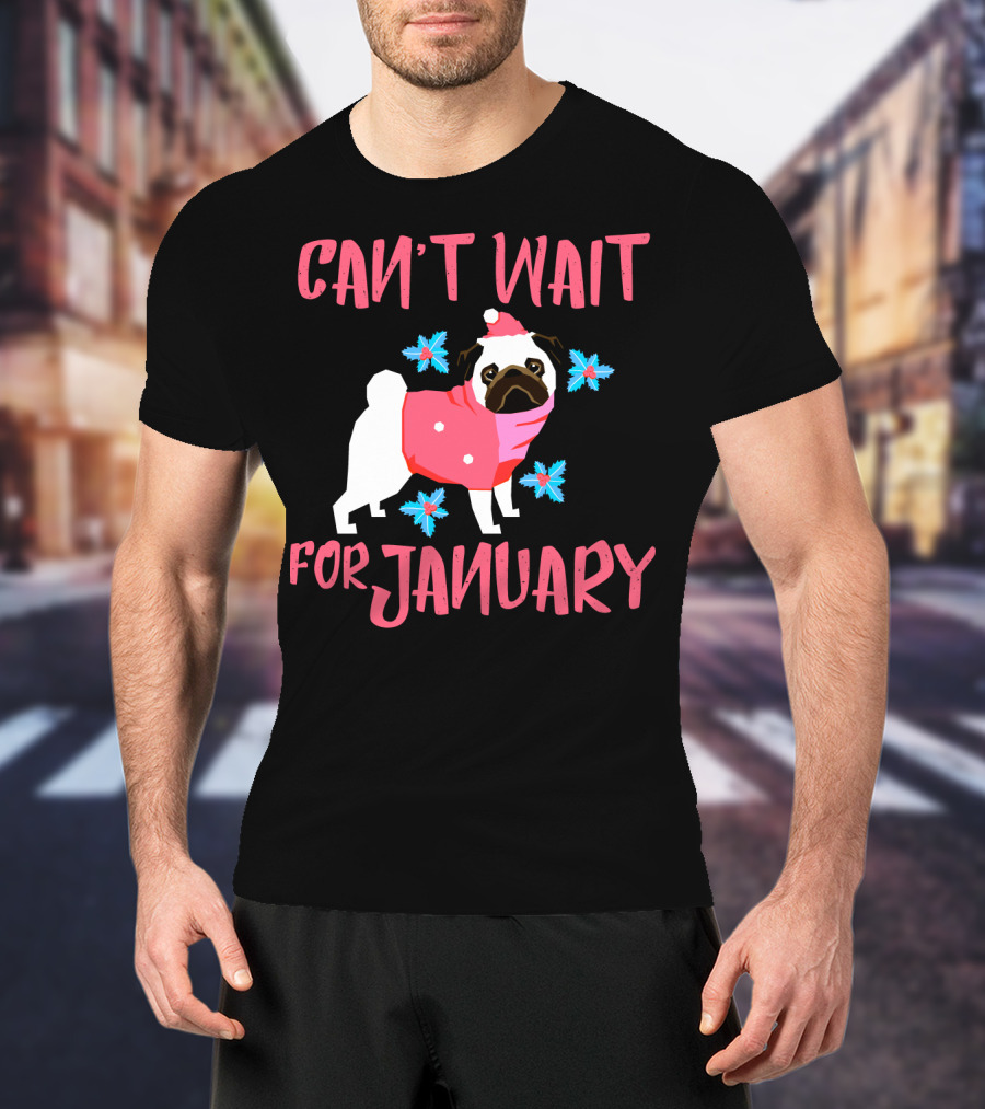 Can't Wait For January Pug IN Santa Hat And Pink Scarf With Snowflakes T-Shirt
