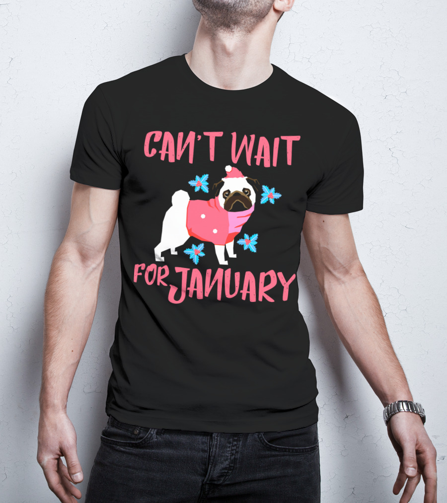 Can't Wait For January Pug IN Santa Hat And Pink Scarf With Snowflakes T-Shirt
