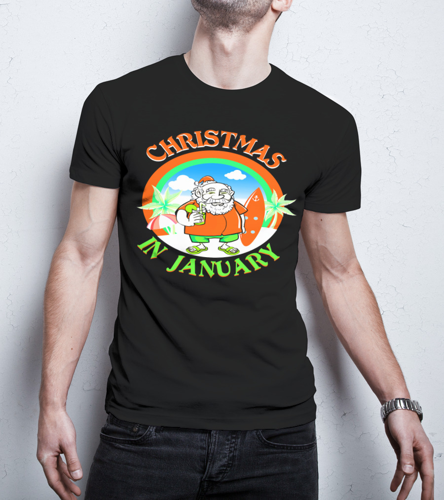 Christmas In January Santa With Surfboard And Drink T-Shirt