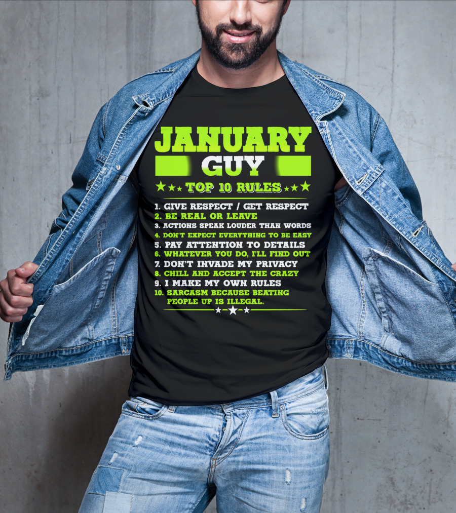 Cool January Guy Top 10 Rules Birthday T-Shirt